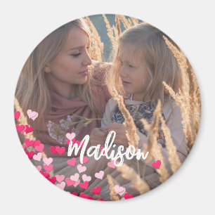 Custom Photo Modern Writing Scattered Pink Hearts Magnet