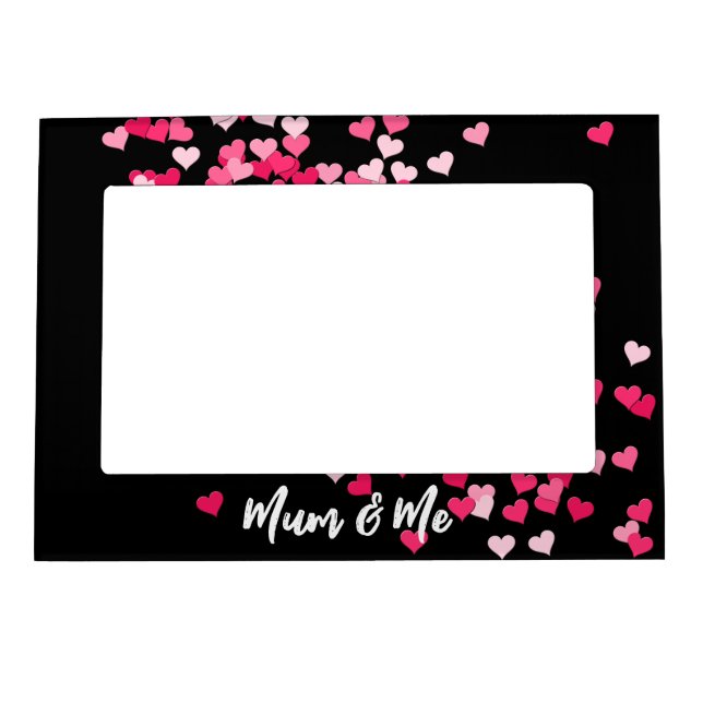 Custom Photo Modern Writing Scattered Pink Hearts Magnetic Frame (Front)