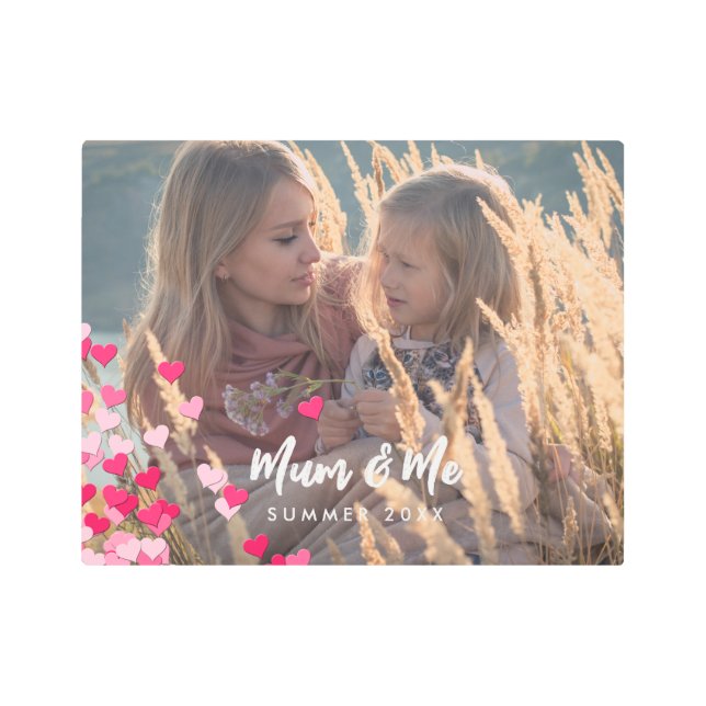 Custom Photo Modern Writing Scattered Pink Hearts Metal Print (Front)