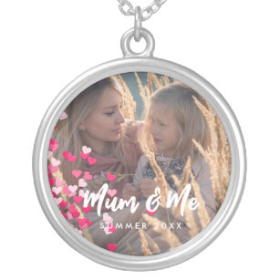 Custom Photo Modern Writing Scattered Pink Hearts Silver Plated Necklace