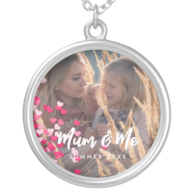 Custom Photo Modern Writing Scattered Pink Hearts Silver Plated Necklace (Front)