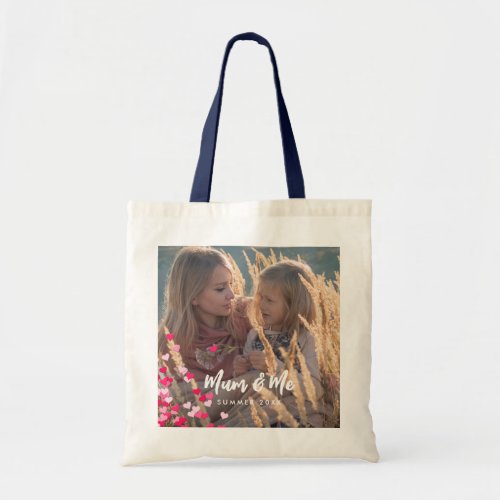 Custom Photo Modern Writing Scattered Pink Hearts Tote Bag