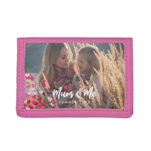Custom Photo Modern Writing Scattered Pink Hearts Trifold Wallet