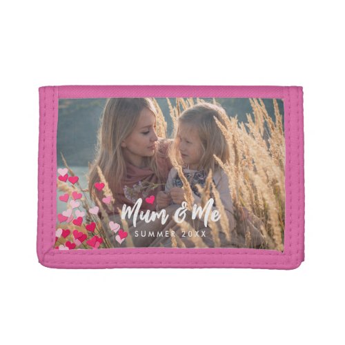 Custom Photo Modern Writing Scattered Pink Hearts Trifold Wallet