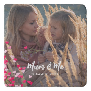 Custom Photo Modern Writing Scattered Pink Hearts Trivet