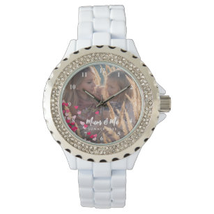 Custom Photo Modern Writing Scattered Pink Hearts Watch
