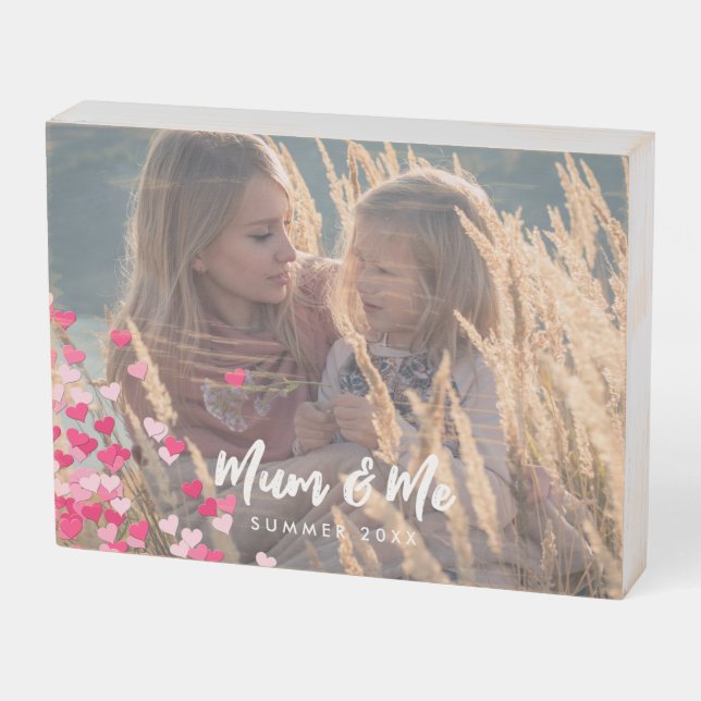 Custom Photo Modern Writing Scattered Pink Hearts Wooden Box Sign (Angled Horizontal)