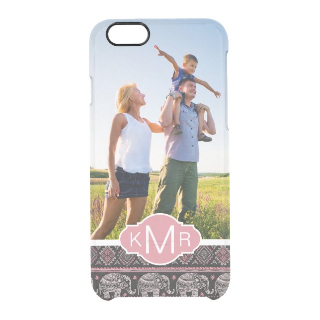 Custom Photo & Monogram Black Elephant Pattern Uncommon iPhone Case (Back)