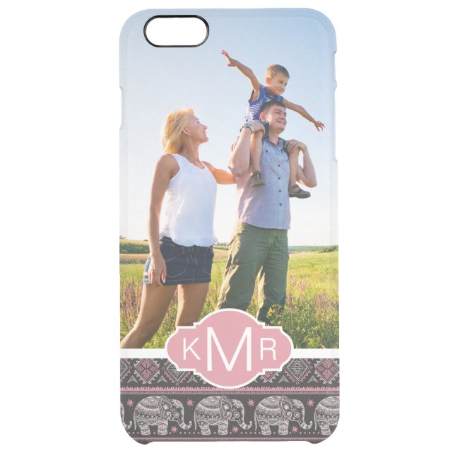Custom Photo & Monogram Black Elephant Pattern Uncommon iPhone Case (Back)