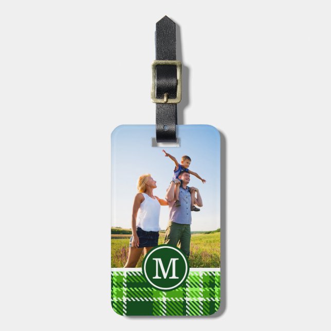 Custom Photo & Monogram Checkered Green Pattern Luggage Tag (Front Vertical)