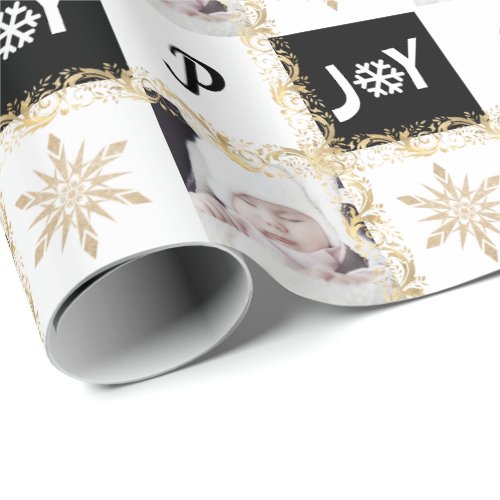 Custom Photo Monogram Gold  Black Christmas Joy  Wrapping Paper