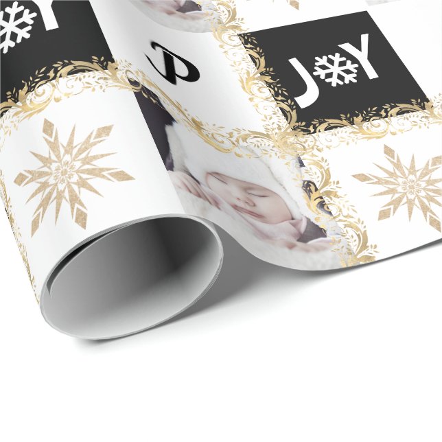 Custom Photo Monogram Gold & Black Christmas Joy  Wrapping Paper (Roll Corner)