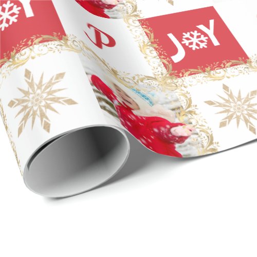 Custom Photo Monogram Gold  Red Christmas Joy Wrapping Paper