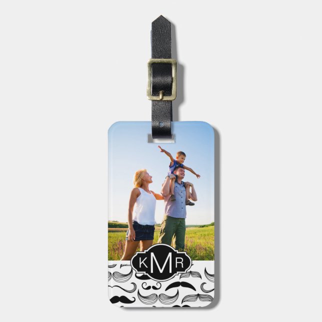 Custom Photo & Monogram Mustache pattern 2 Luggage Tag (Front Vertical)