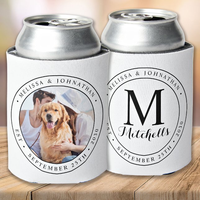 Custom Photo Monogram Name Date Wedding Can Cooler (Creator Uploaded)