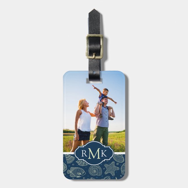 Custom Photo & Monogram Ocean Inhabitants Pattern Luggage Tag (Front Vertical)