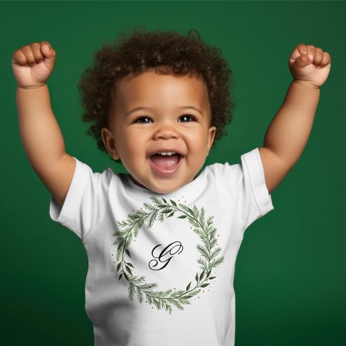 Custom Photo Monogram Pine Wreath Christmas Baby T_Shirt