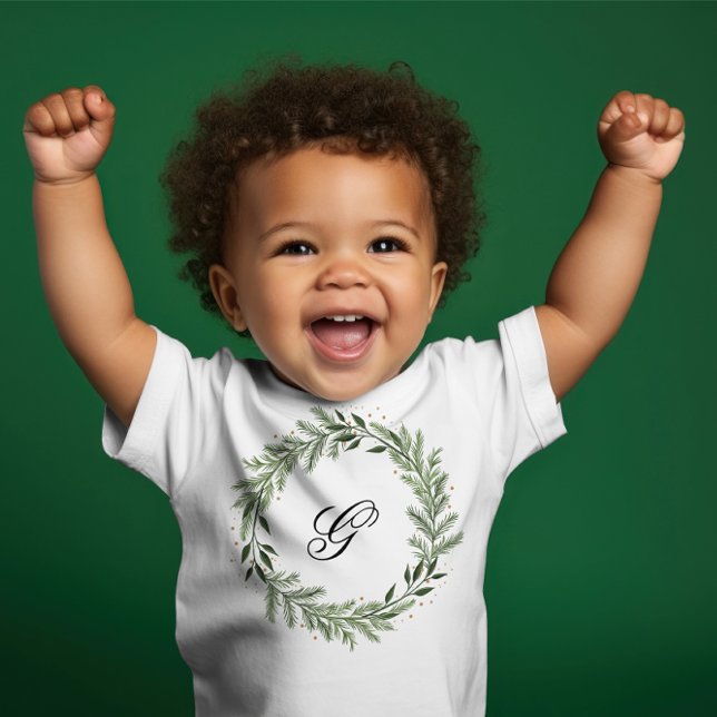 Custom Photo Monogram Pine Wreath Christmas Baby T-Shirt (Creator Uploaded)