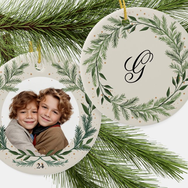 Custom Photo Monogram Pine Wreath Christmas gift Ceramic Ornament (Creator Uploaded)