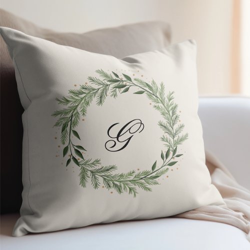 Custom Photo Monogram Pine Wreath Christmas gift Throw Pillow