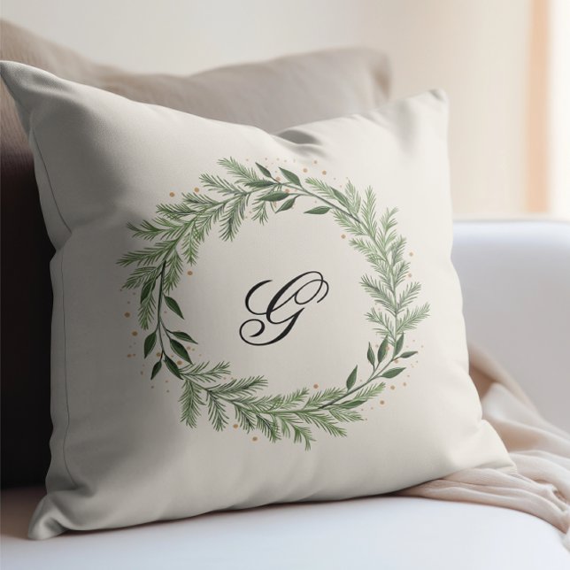 Custom Photo Monogram Pine Wreath Christmas gift Throw Pillow (Creator Uploaded)
