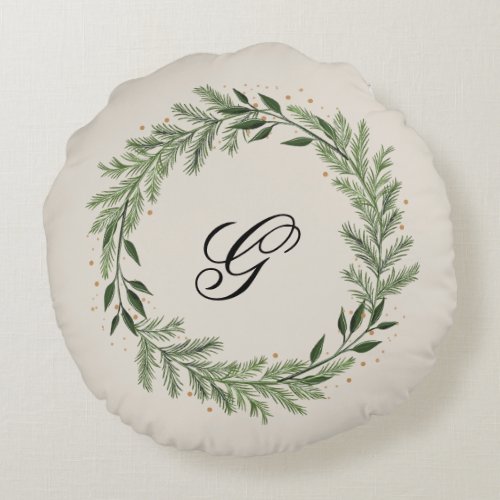 Custom Photo Monogram Pine Wreath Christmas Home Round Pillow