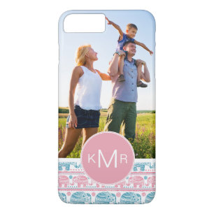 Custom Photo & Monogram Pink & Teal Elephants iPhone 8 Plus/7 Plus Case