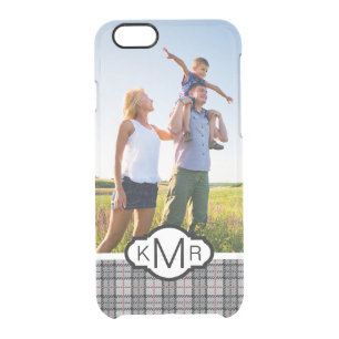 Custom Photo & Monogram Pixel Plaid in Grey & Red Clear iPhone 6/6S Case