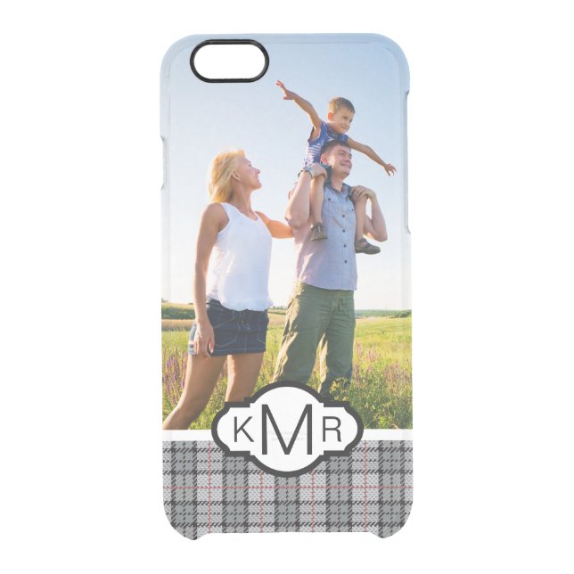 Custom Photo & Monogram Pixel Plaid in Grey & Red Uncommon iPhone Case (Back)