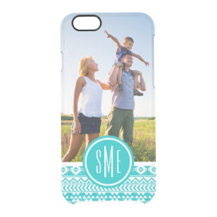 Custom Photo & Monogram Teal Aztec Tribal Pattern Clear iPhone 6/6S Case