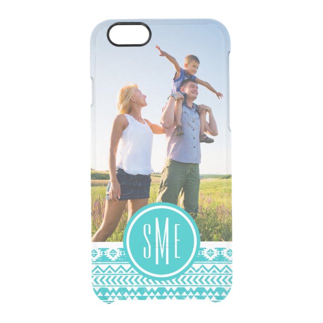 Custom Photo & Monogram Teal Aztec Tribal Pattern Uncommon iPhone Case (Back)
