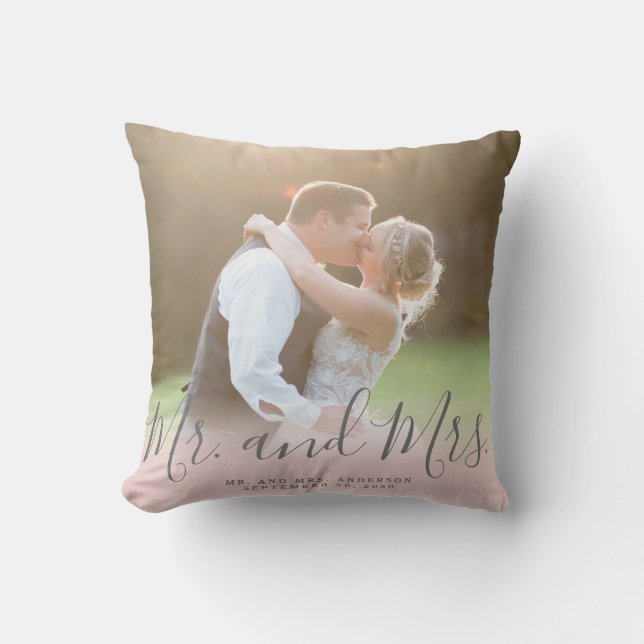 Custom Photo Mr and Mrs Pink Grey Script Wedding Throw Pillow (Front)