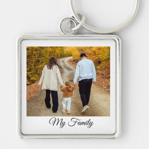 Custom Photo My Family Elegant Script Keychain