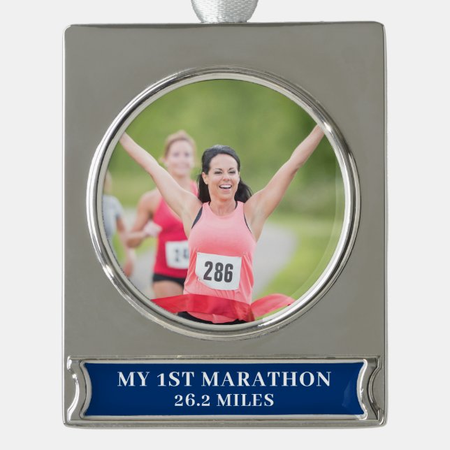 Custom Photo My First 26.2 Marathon Silver Plated Banner Ornament (Front)