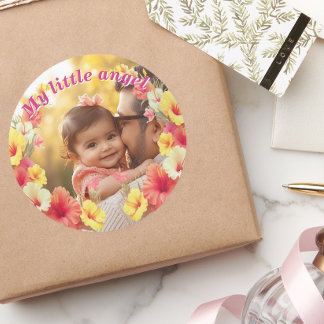 Custom Photo My Little Angel Floral Classic Round Sticker