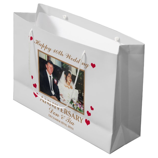 Custom Photo Name 10th Wedding Anniversary Grey Large Gift Bag (Front Angled)