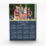Custom Photo Name 2025 Calendar Navy Blue Desk Acrylic Award<br><div class="desc">Keep the people you love nearby with a customizable 2025 calendar acrylic block. Replace the sample photo and name with your own in the sidebar. The custom text is in a modern white handwritten script font. Below it is a small white calendar on a navy blue background. Makes a great...</div>