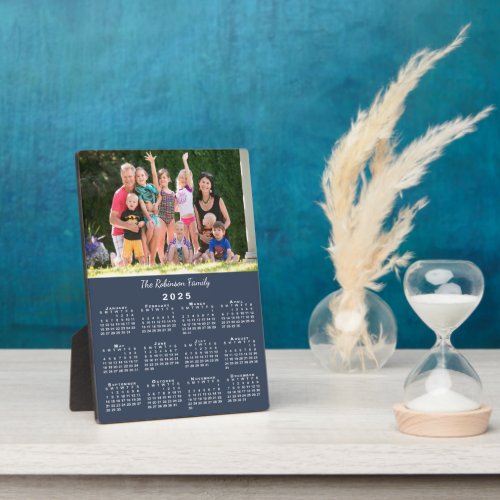 Custom Photo Name 2025 Calendar Navy Blue Desktop Plaque