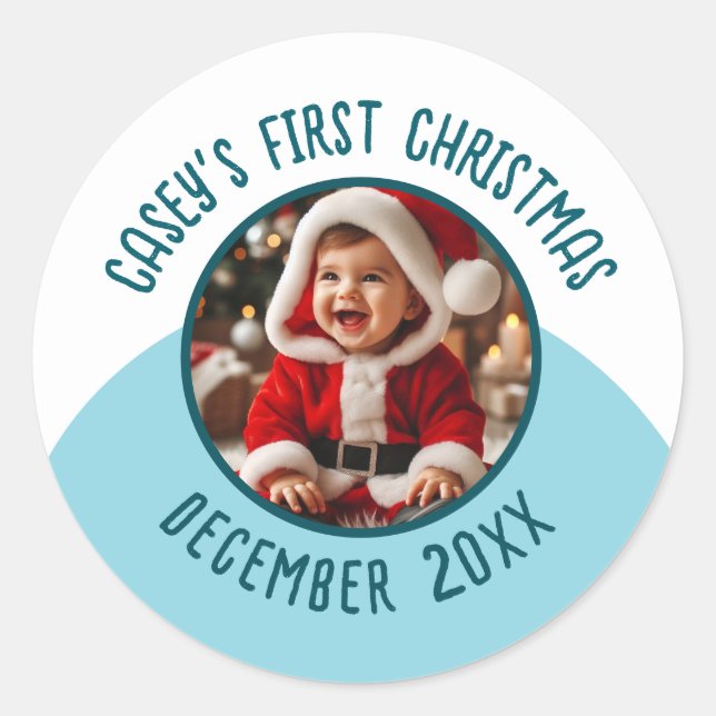 Custom Photo Name add Year Baby's First Christmas Classic Round Sticker (Front)