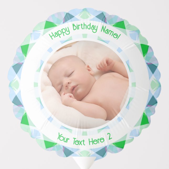 Custom Photo Name Age Blue Green Birthday Star Balloon (Front)