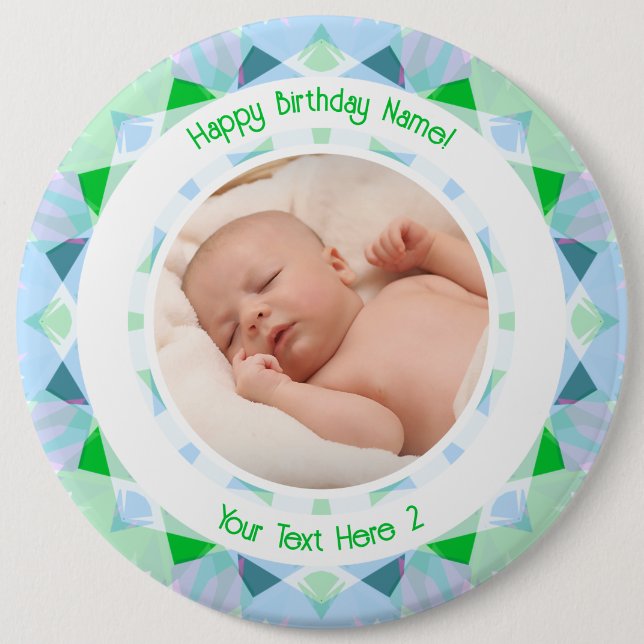 Custom Photo Name Age Blue Green Birthday Star Button (Front)