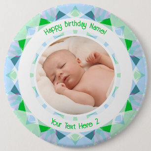 Custom Photo Name Age Blue Green Birthday Star Button