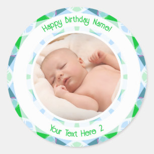 Custom Photo Name Age Blue Green Birthday Star Classic Round Sticker