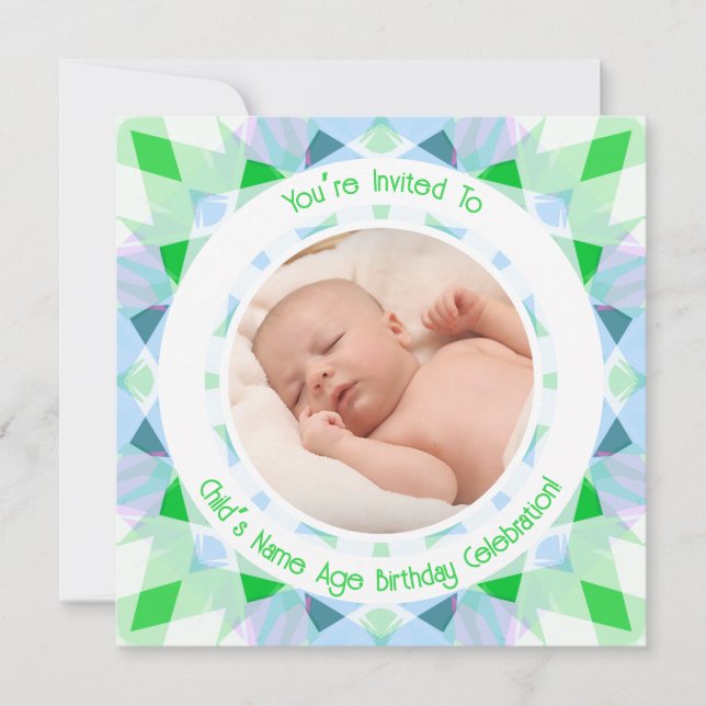 Custom Photo Name Age Blue Green Birthday Star Invitation (Front)