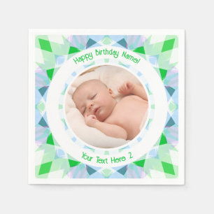 Custom Photo Name Age Blue Green Birthday Star Napkins