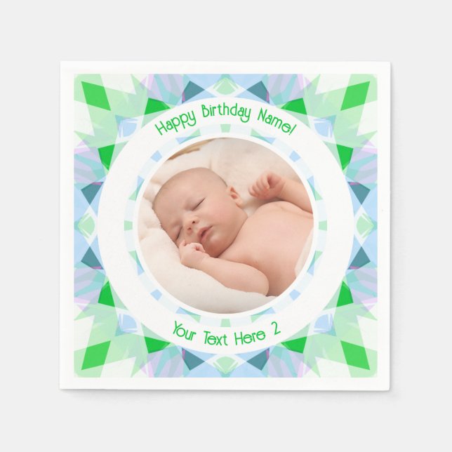 Custom Photo Name Age Blue Green Birthday Star Napkins (Front)