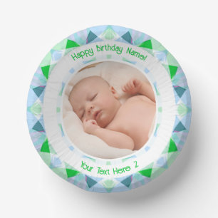 Custom Photo Name Age Blue Green Birthday Star Paper Bowls