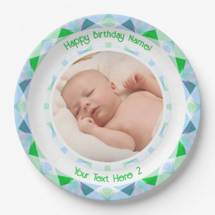 Custom Photo Name Age Blue Green Birthday Star Paper Plates