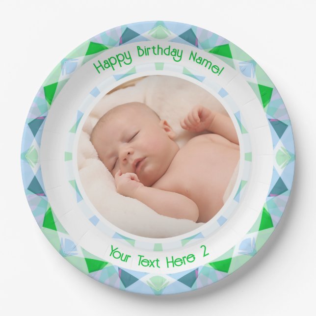 Custom Photo Name Age Blue Green Birthday Star Paper Plates (Front)