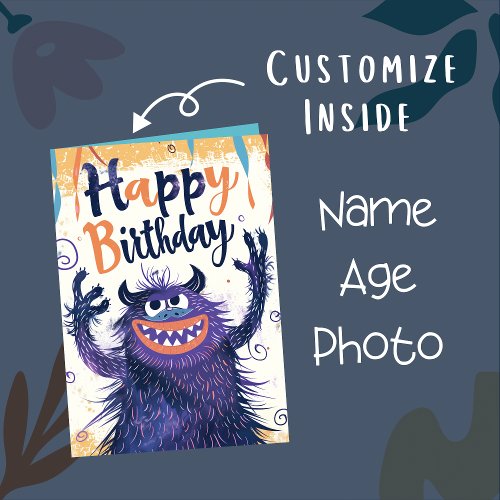 Custom Photo Name Age  Cute Monster Illustration Card